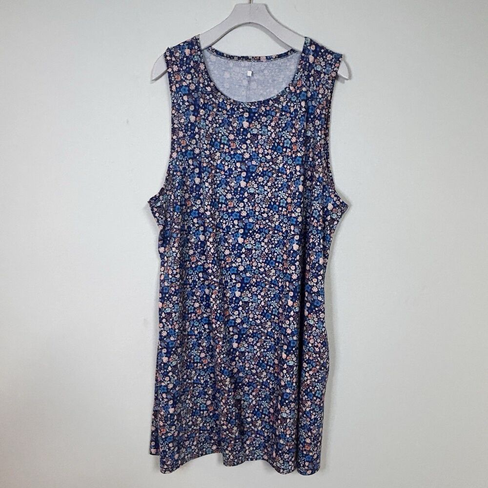 Womens Floral Print Sleeveless Dress 3XL Blue Stretch Knit Casual